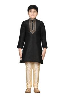 Black embroidered silk boys-kurta-pyjama