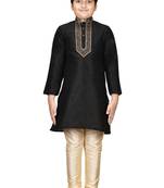 Black embroidered silk boys-kurta-pyjama