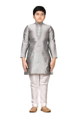 Grey embroidered silk boys-kurta-pyjama 1