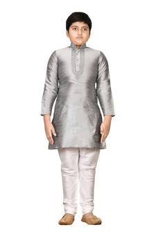 Grey embroidered silk boys-kurta-pyjama