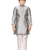 Grey embroidered silk boys-kurta-pyjama