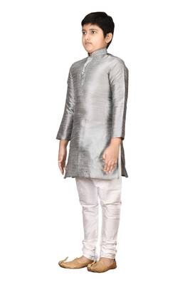 Grey embroidered silk boys-kurta-pyjama 2