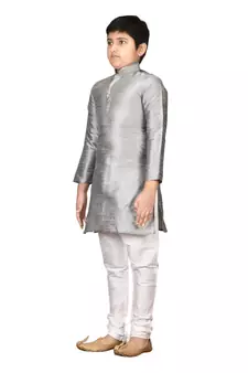 Grey embroidered silk boys-kurta-pyjama