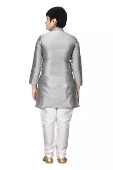 Grey embroidered silk boys-kurta-pyjama