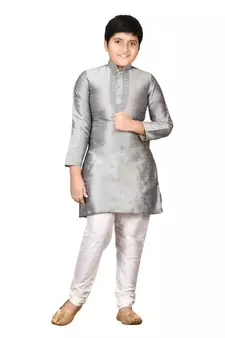 Grey embroidered silk boys-kurta-pyjama