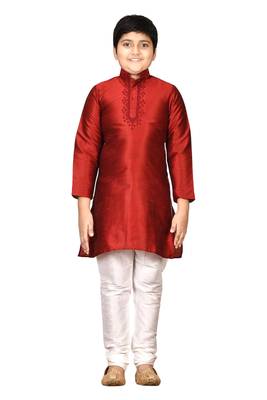 Maroon embroidered silk boys-kurta-pyjama 1