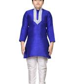 Blue embroidered silk boys-kurta-pyjama