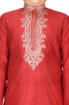 Red embroidered silk boys-kurta-pyjama