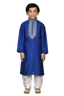 Blue embroidered silk boys-kurta-pyjama