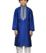 Blue embroidered silk boys-kurta-pyjama