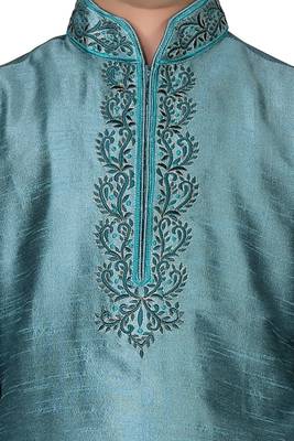 Green embroidered silk boys-kurta-pyjama 2