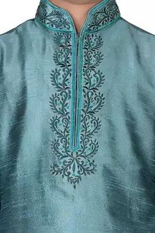 Green embroidered silk boys-kurta-pyjama