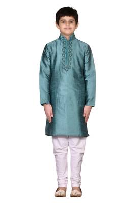 Green embroidered silk boys-kurta-pyjama 1