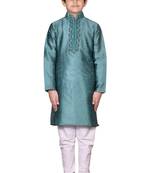Green embroidered silk boys-kurta-pyjama