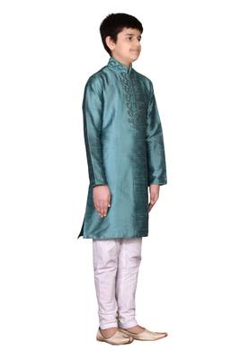 Green embroidered silk boys-kurta-pyjama 5