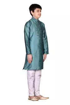 Green embroidered silk boys-kurta-pyjama