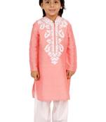 Pink embroidered silk boys-kurta-pyjama