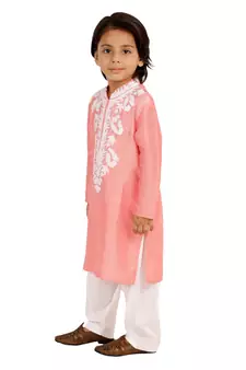 Pink embroidered silk boys-kurta-pyjama