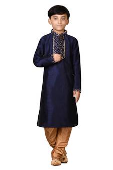 Blue embroidered silk boys-kurta-pyjama