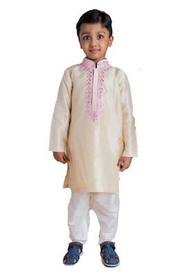 Beige embroidered silk boys-kurta-pyjama 1