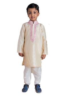 Beige embroidered silk boys-kurta-pyjama