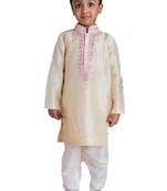 Beige embroidered silk boys-kurta-pyjama