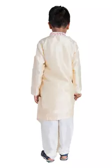 Beige embroidered silk boys-kurta-pyjama