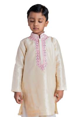 Beige embroidered silk boys-kurta-pyjama 3