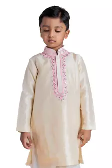 Beige embroidered silk boys-kurta-pyjama