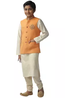Green embroidered silk boys-kurta-pyjama