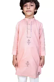 Beige embroidered silk boys-kurta-pyjama