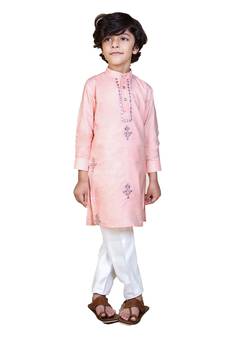 Beige embroidered silk boys-kurta-pyjama