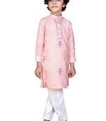 Beige embroidered silk boys-kurta-pyjama
