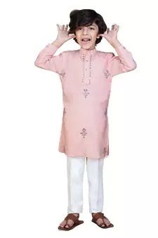 Beige embroidered silk boys-kurta-pyjama
