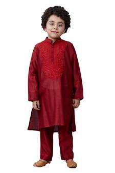 Maroon embroidered silk boys-kurta-pyjama