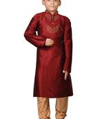 Maroon embroidered silk boys-kurta-pyjama