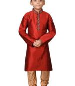 Maroon embroidered silk boys-kurta-pyjama