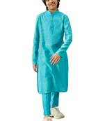 Turquoise embroidered silk boys-kurta-pyjama