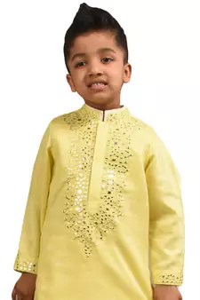 Yellow embroidered silk boys-kurta-pyjama