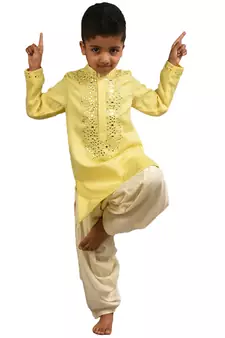 Yellow embroidered silk boys-kurta-pyjama