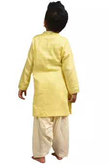 Yellow embroidered silk boys-kurta-pyjama