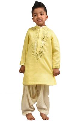 Yellow embroidered silk boys-kurta-pyjama 1