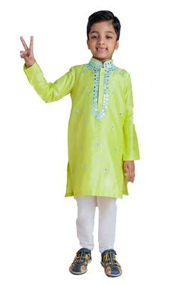 Green embroidered silk boys-kurta-pyjama 1
