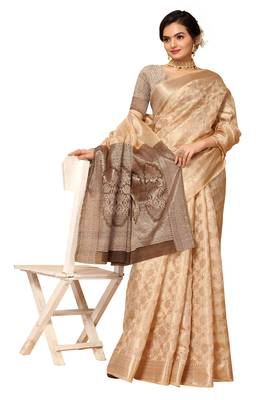 Beige woven organza saree with blouse 1