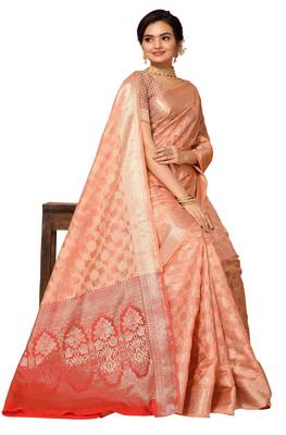 Peach woven organza saree with blouse 1