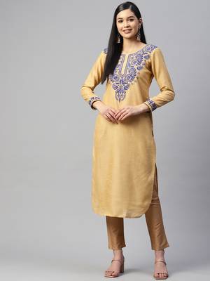 Beige artsilk kurti with blue chikankari embroidery 1