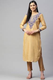 Beige artsilk kurti with blue chikankari embroidery
