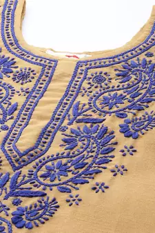 Beige artsilk kurti with blue chikankari embroidery
