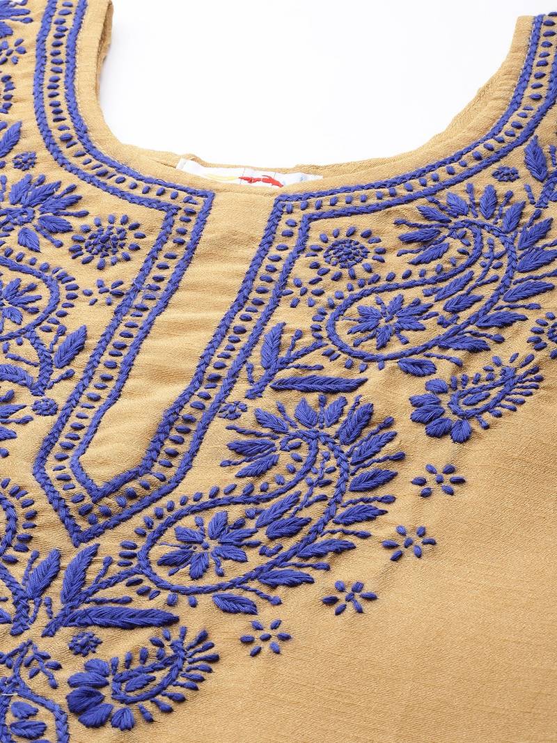 Beige artsilk kurti with blue chikankari embroidery