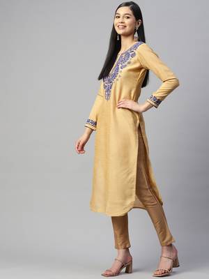Beige artsilk kurti with blue chikankari embroidery 3